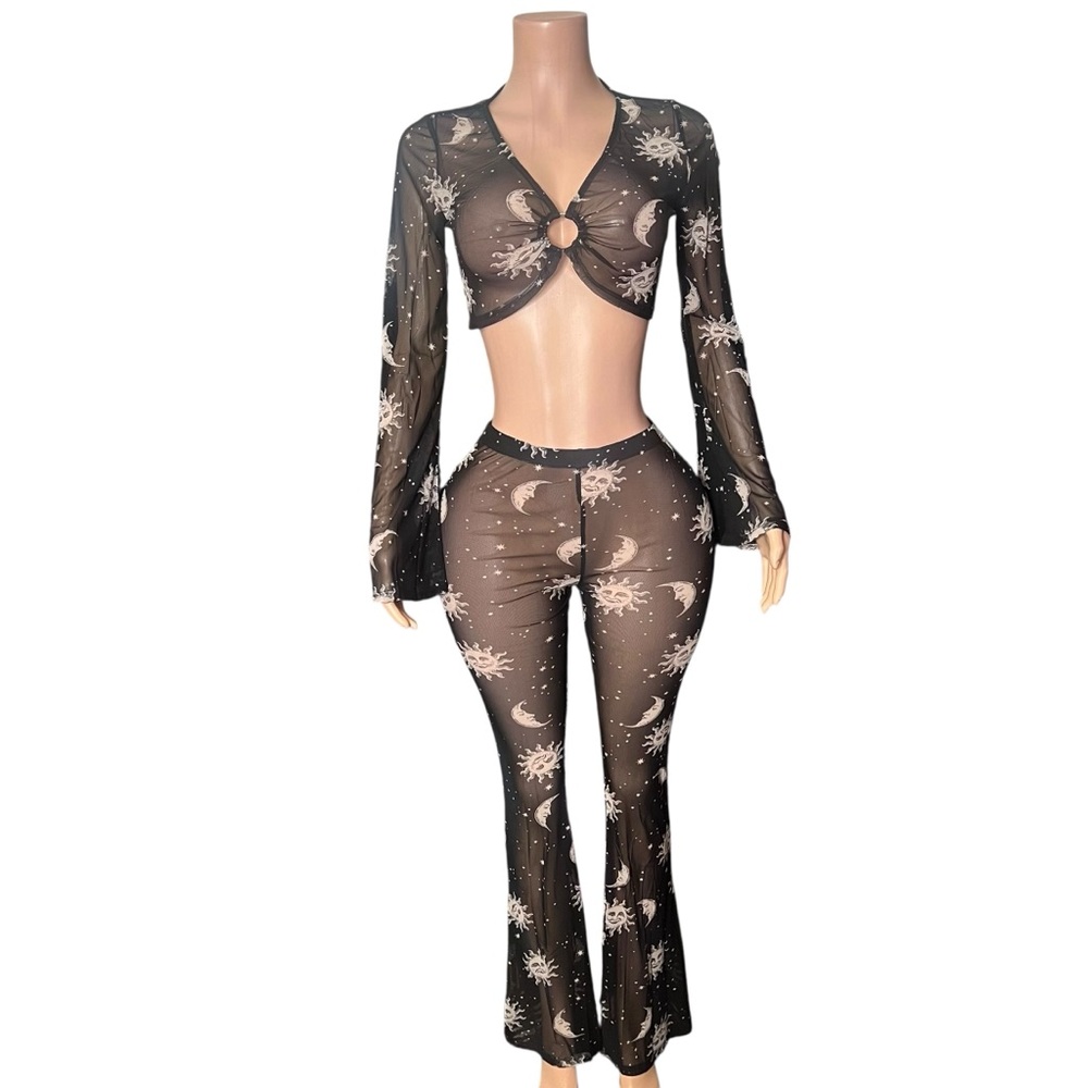 Women's Sheer Celestial Two-Piece Pantsuit - Black